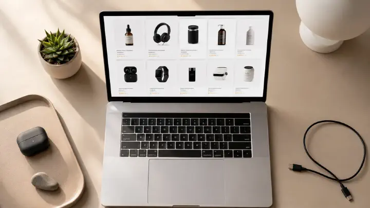 AI Product Photography Workflow for Amazon Sellers — laptop showing AI-generated product photos on a minimalist desk