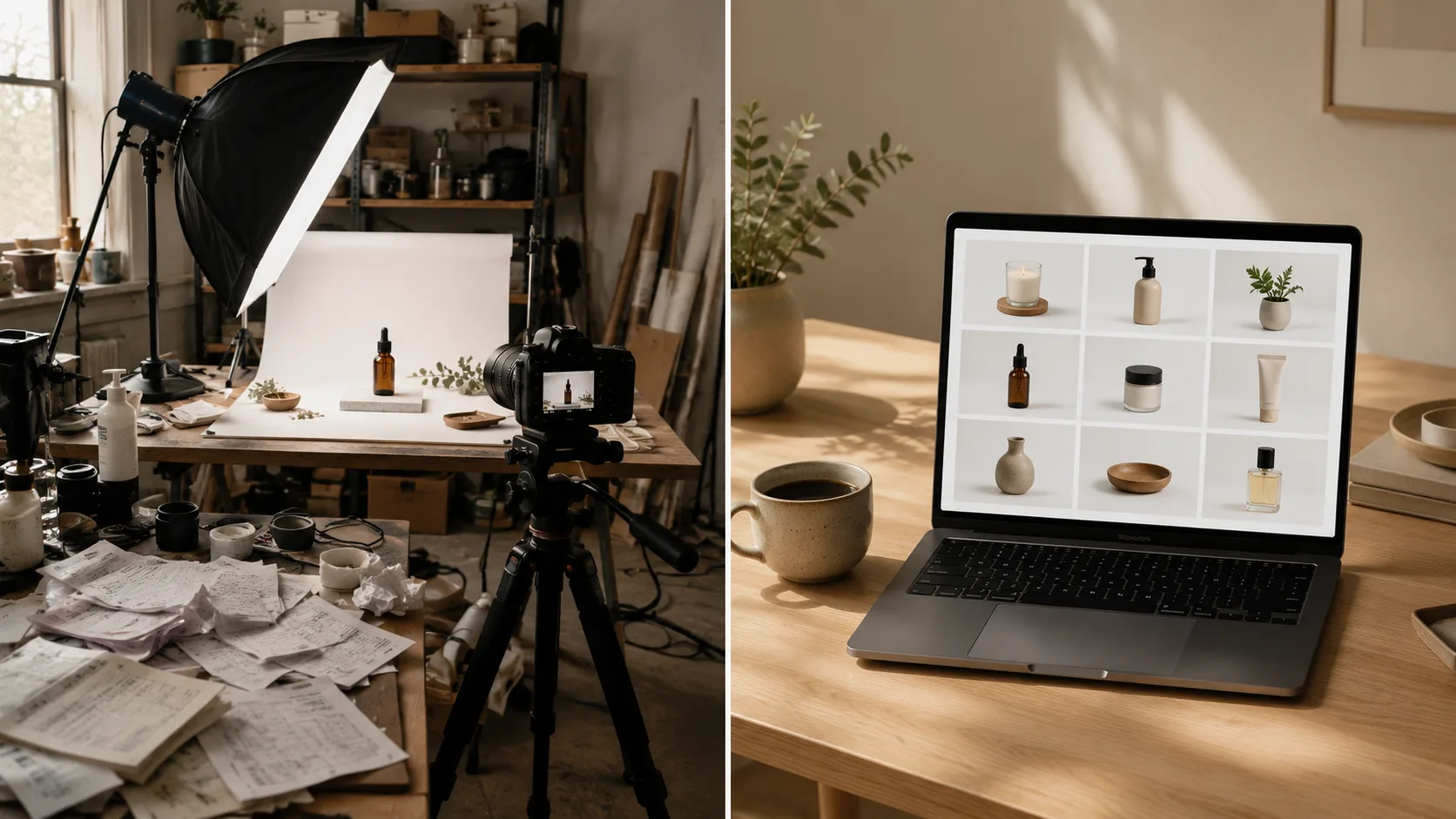 Traditional product photography studio versus a minimalist laptop-based AI workflow — split-screen comparison