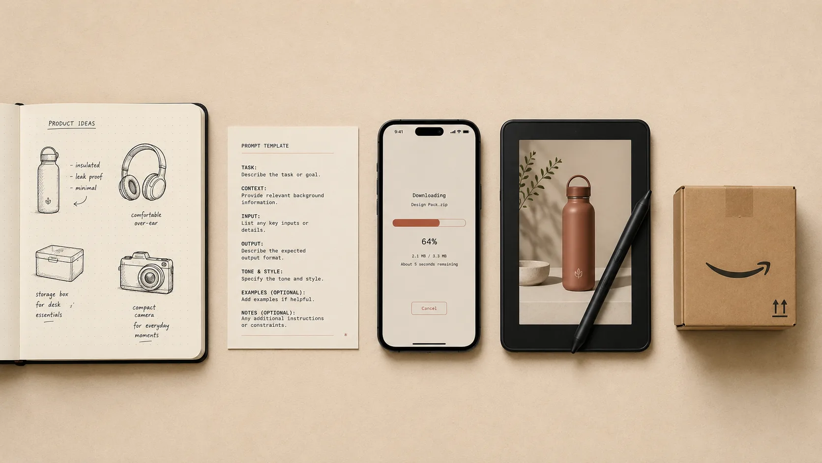 Five-step AI product photography workflow visualized as a flat-lay — notebook, prompt template, download progress, tablet edit, and Amazon shipping box