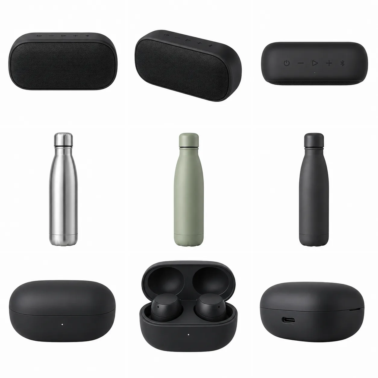 3x3 grid of Amazon-compliant product photos on pure white background — Bluetooth speakers, water bottles in three colors, and wireless earbud cases