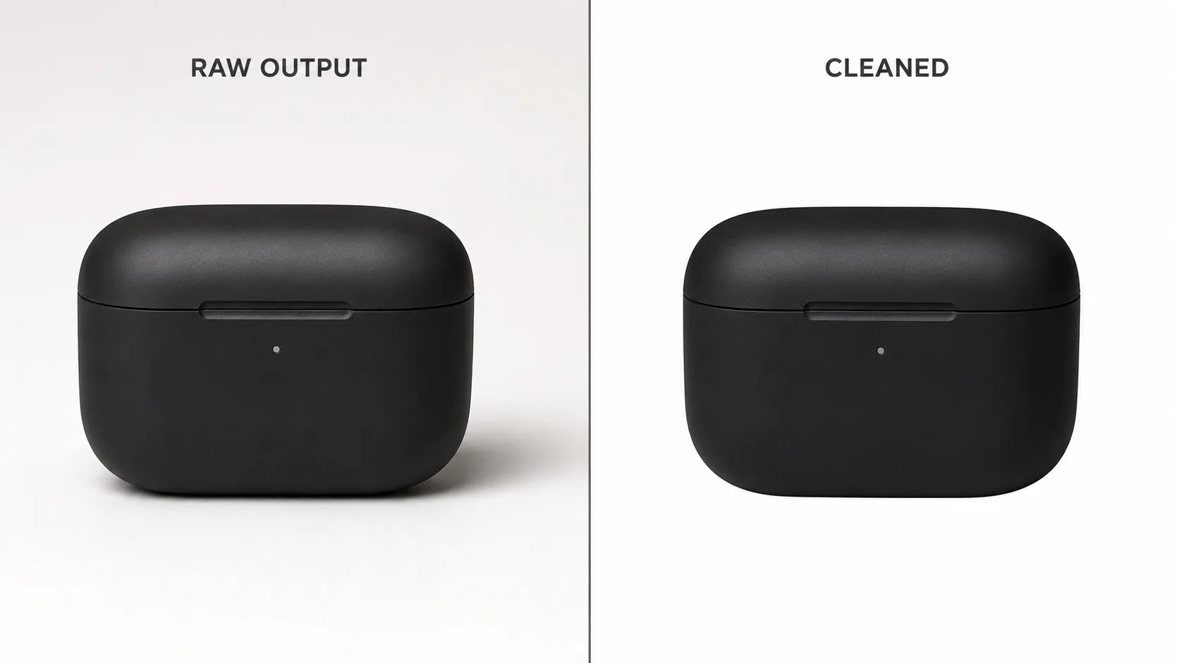 Before and after of an AI-generated wireless earbud case: raw output with off-white gradient and shadow versus a cleaned pure-white Amazon-ready version