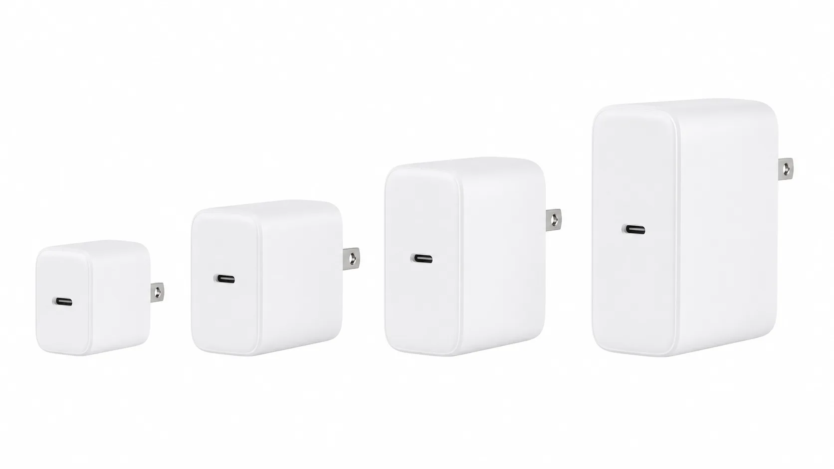 Four portable USB-C chargers (20W, 45W, 65W, 100W) lined up on pure white background — Amazon-compliant case-study product shot