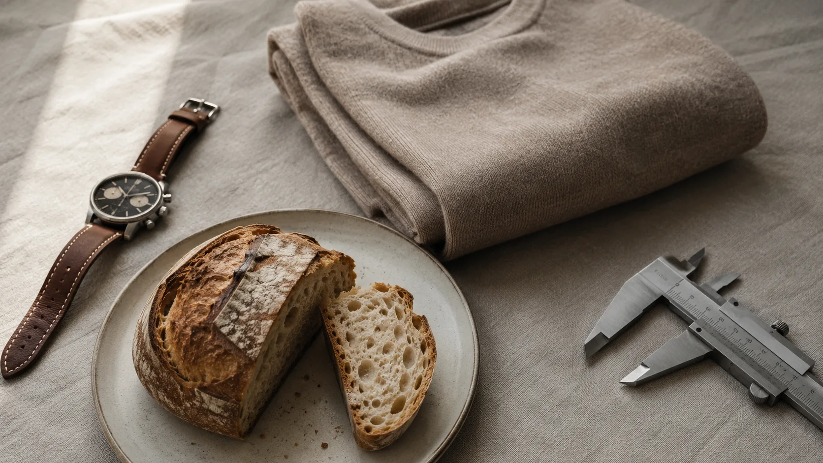 Product categories where AI image generation still struggles — luxury leather watch, cashmere sweater, sourdough bread, and precision caliper on warm linen
