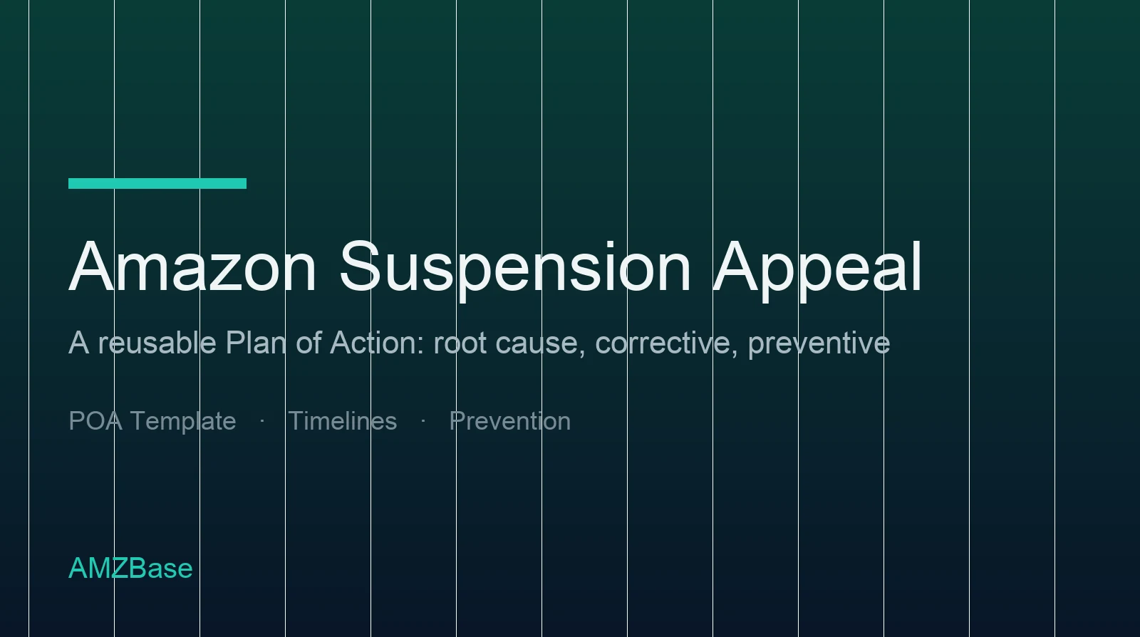 Title card for an Amazon suspension appeal guide listing the three Plan of Action parts: root cause, corrective, preventive
