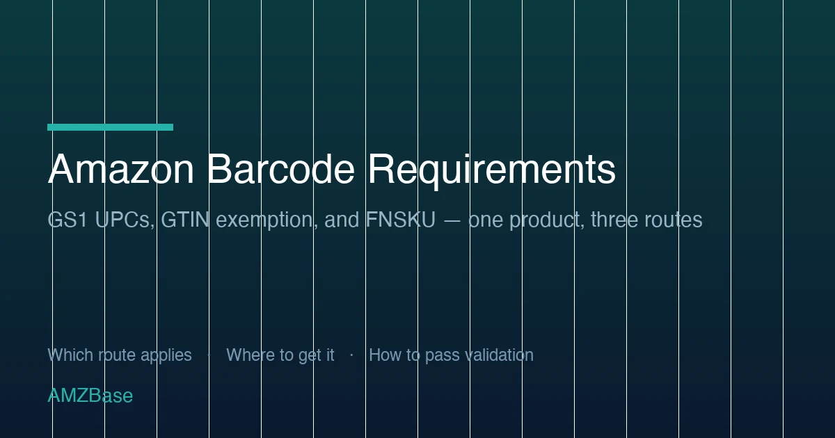 Title card reading Amazon Barcode Requirements — GS1 UPCs, GTIN exemption, and FNSKU, one product three routes