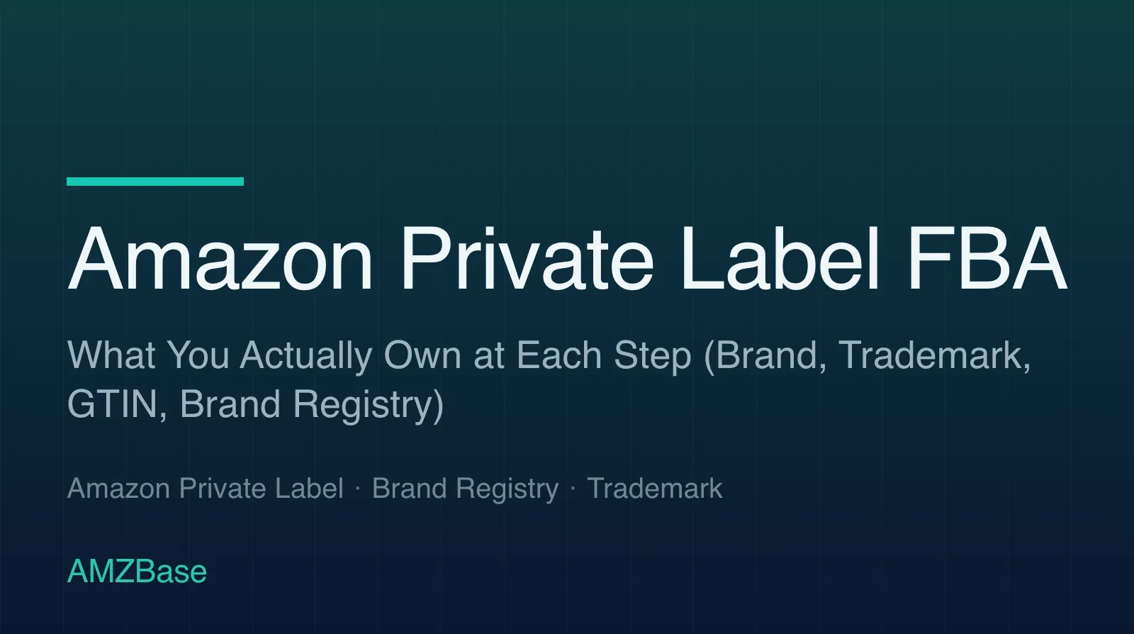 Title card for the Amazon private label FBA guide, showing the ownership chain from brand name to trademark, GTIN, Brand Registry and listing