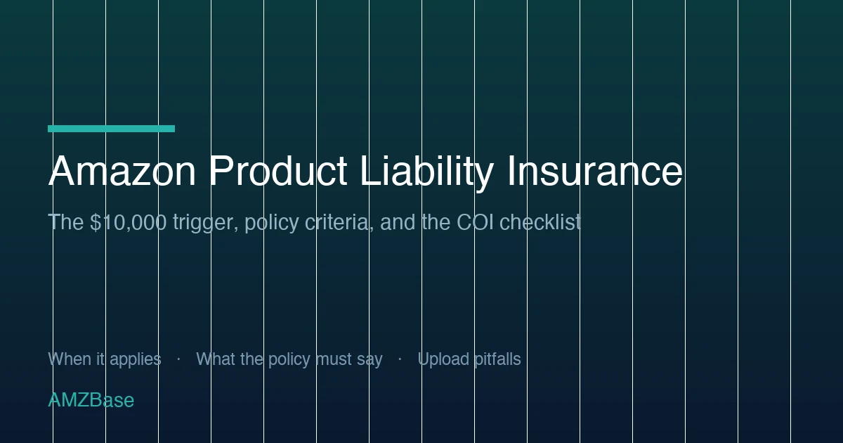 Title card reading Amazon Product Liability Insurance — the $10,000 trigger, policy criteria, and the COI checklist