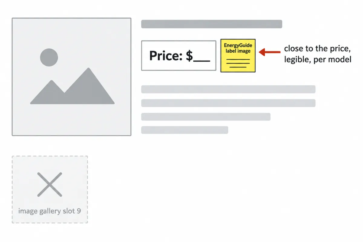 Generic listing layout: product photo on the left, the price on the right with the EnergyGuide label image beside it, and a faded image gallery slot far below marked with a cross