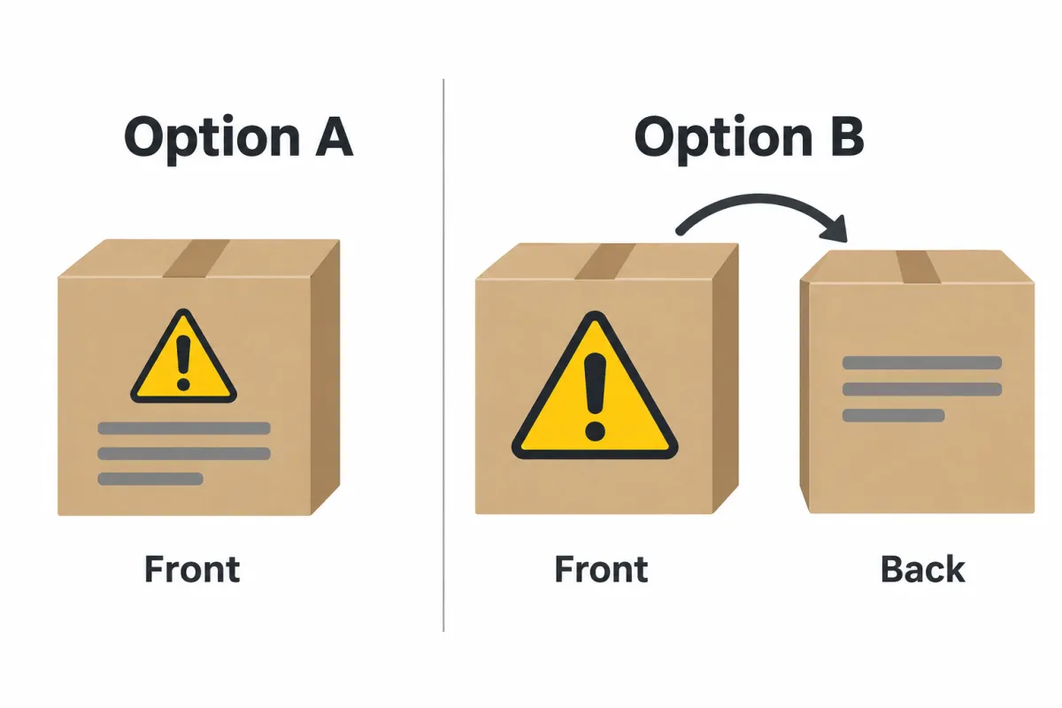 Two package layouts: Option A puts the warning icon and text block on the front; Option B puts a larger icon on the front with an arrow to the text block on the back