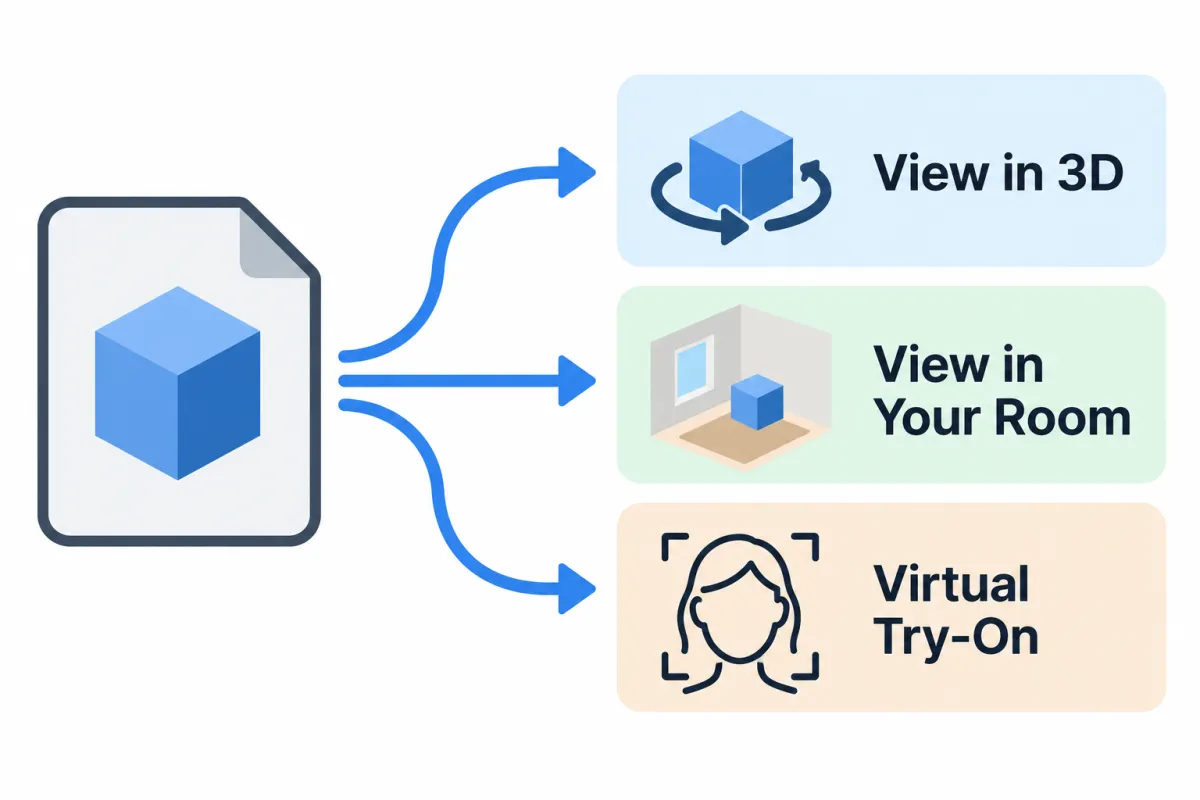 Diagram: one 3D model file feeding View in 3D, View in Your Room and Virtual Try-On