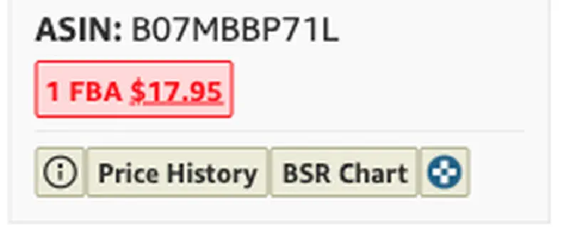 Close-up of the AMZBase block under one result: a line reading ASIN B07MBBP71L, a highlighted 1 FBA $17.95 badge, and buttons labelled Price History and BSR Chart.