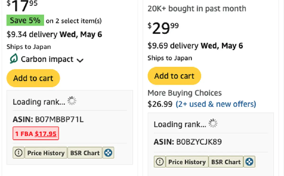 Two adjacent Amazon search result cards for water bottles. Under each card's price and Add to cart button sits an added block showing the sales rank, the ASIN, an FBA seller count with its price where one exists, and Price History and BSR Chart buttons.