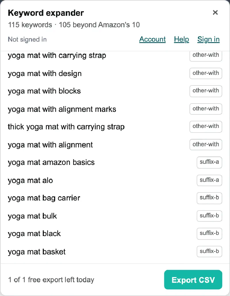 The panel scrolled further down the list: terms like yoga mat with carrying strap tagged other-with, and yoga mat alo tagged suffix-a, yoga mat bulk tagged suffix-b.