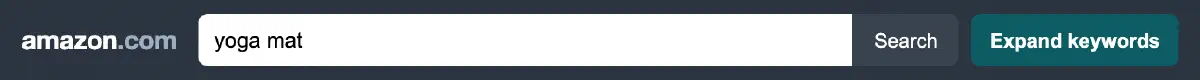 The Amazon search bar with the term yoga mat typed in, a Search button, and a teal Expand keywords button added immediately next to it.